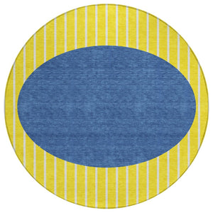 HomeRoots 5' Striped Washable Area Rug in Vibrant Yellow and Blue – Perfect for Indoor and Outdoor Spaces! 8' Round 597213