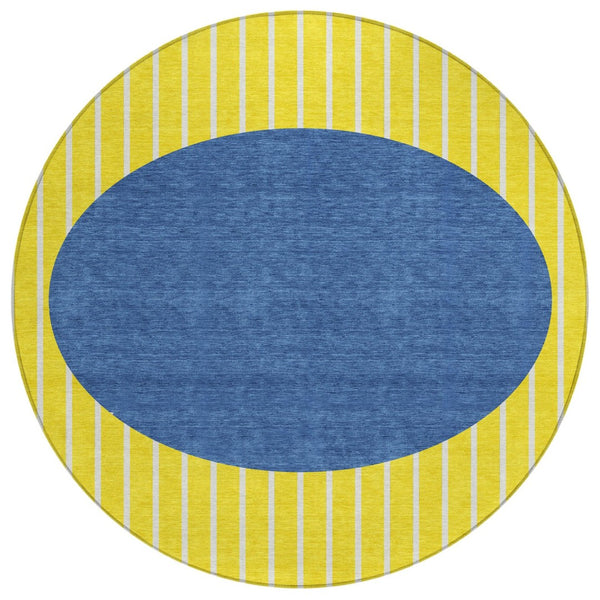 HomeRoots 5' Striped Washable Area Rug in Vibrant Yellow and Blue – Perfect for Indoor and Outdoor Spaces! 8' Round 597213