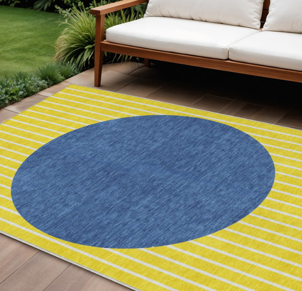 HomeRoots 9' X 12' Yellow And Blue Striped Area Rug - Washable, Durable, Stylish for Indoor & Outdoor Spaces 597215