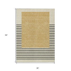 Homeroots 3' Gold Black Beige Striped Washable Area Rug For Indoor Outdoor Spaces - Durable & Versatile Decor 3' X 5' Polyester 597217