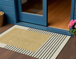 Homeroots 3' Gold Black Beige Striped Washable Area Rug For Indoor Outdoor Spaces - Durable & Versatile Decor 3' X 5' Polyester 597217