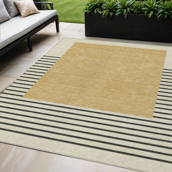 Homeroots 3' Gold Black Beige Striped Washable Area Rug For Indoor Outdoor Spaces - Durable & Versatile Decor 5' X 8' Polyester 597218