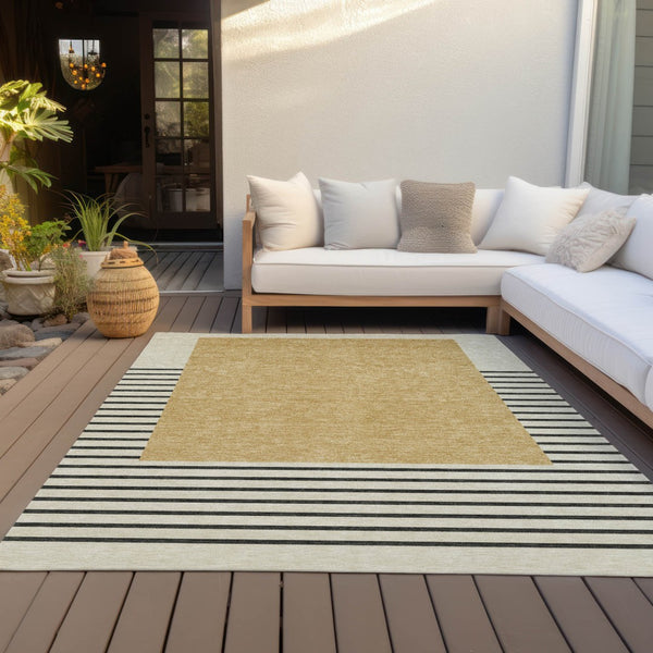 Homeroots 3' Gold Black Beige Striped Washable Area Rug For Indoor Outdoor Spaces - Durable & Versatile Decor 5' X 8' Polyester 597218