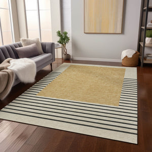 Homeroots 3' Gold Black Beige Striped Washable Area Rug For Indoor Outdoor Spaces - Durable & Versatile Decor 5' X 8' Polyester 597218