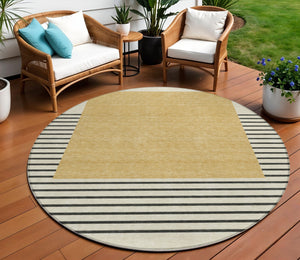 Homeroots 3' Gold Black Beige Striped Washable Area Rug For Indoor Outdoor Spaces - Durable & Versatile Decor 8' Round Polyester 597219