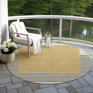 Homeroots 3' Gold Black Beige Striped Washable Area Rug For Indoor Outdoor Spaces - Durable & Versatile Decor 8' Round Polyester 597219