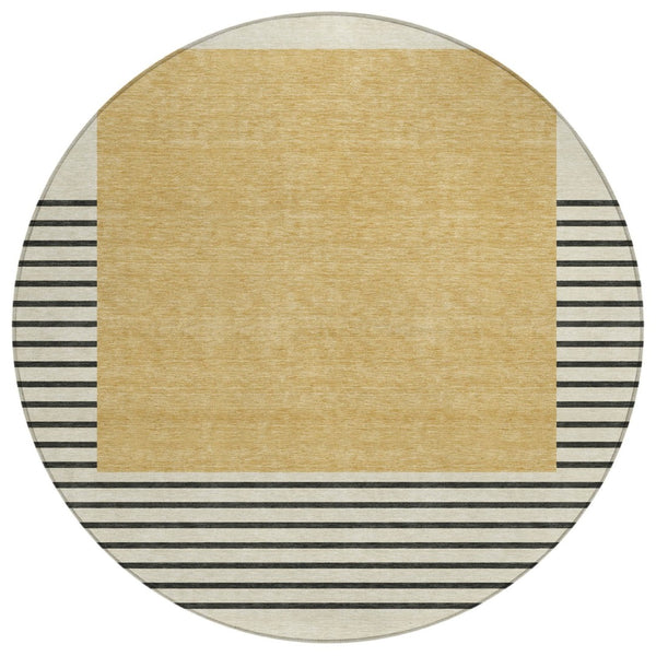 HomeRoots 5' Stylish Gold, Black & Beige Striped Washable Indoor/Outdoor Area Rug for Modern Living Spaces 8' Round 597219