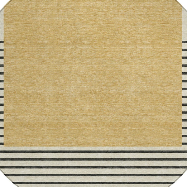 Homeroots 3' Gold Black Beige Striped Washable Area Rug For Indoor Outdoor Spaces - Durable & Versatile Decor 8' Round Polyester 597219
