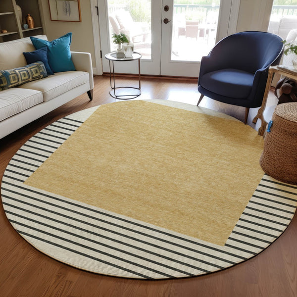 Homeroots 3' Gold Black Beige Striped Washable Area Rug For Indoor Outdoor Spaces - Durable & Versatile Decor 8' Round Polyester 597219