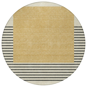 Homeroots 3' Gold Black Beige Striped Washable Area Rug For Indoor Outdoor Spaces - Durable & Versatile Decor 8' Round Polyester 597219