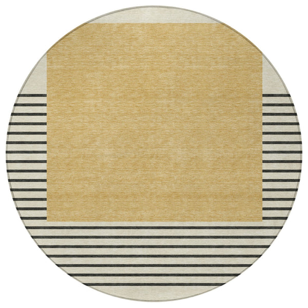 Homeroots 3' Gold Black Beige Striped Washable Area Rug For Indoor Outdoor Spaces - Durable & Versatile Decor 8' Round Polyester 597219