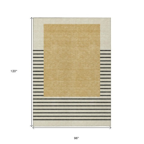 Homeroots 3' Gold Black Beige Striped Washable Area Rug For Indoor Outdoor Spaces - Durable & Versatile Decor 8' X 10' Polyester 597220