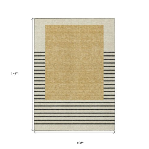 Homeroots 3' Gold Black Beige Striped Washable Area Rug For Indoor Outdoor Spaces - Durable & Versatile Decor 9' X 12' Polyester 597221