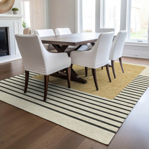 Homeroots 3' Gold Black Beige Striped Washable Area Rug For Indoor Outdoor Spaces - Durable & Versatile Decor 9' X 12' Polyester 597221