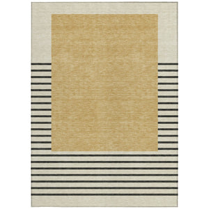 Homeroots 3' Gold Black Beige Striped Washable Area Rug For Indoor Outdoor Spaces - Durable & Versatile Decor 10' X 14' Polyester 597222