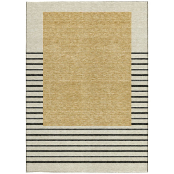 Homeroots 3' Gold Black Beige Striped Washable Area Rug For Indoor Outdoor Spaces - Durable & Versatile Decor 10' X 14' Polyester 597222