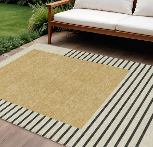 Homeroots 3' Gold Black Beige Striped Washable Area Rug For Indoor Outdoor Spaces - Durable & Versatile Decor 10' X 14' Polyester 597222