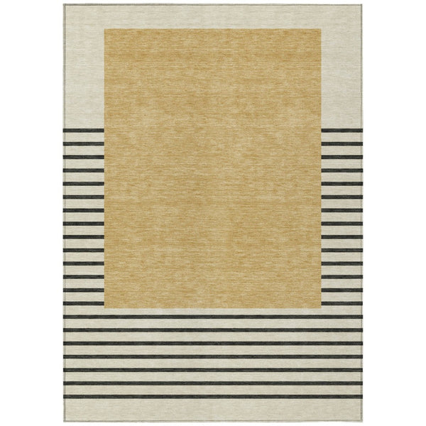 HomeRoots 5' Stylish Gold, Black & Beige Striped Washable Indoor/Outdoor Area Rug for Modern Living Spaces 10' X 14' 597222