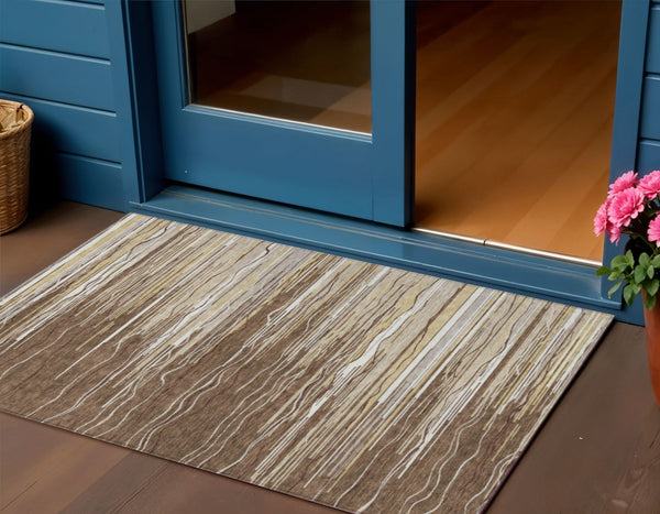 Homeroots 3' Striped Washable Area Rug - Stylish Brown, Beige & Ivory Design For Indoor And Outdoor Use 3' X 5' Polyester 597229