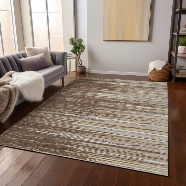 Homeroots 3' Striped Washable Area Rug - Stylish Brown, Beige & Ivory Design For Indoor And Outdoor Use 3' X 5' Polyester 597229