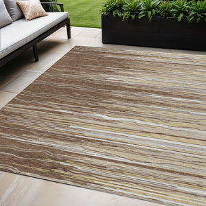 Homeroots 3' Striped Washable Area Rug - Stylish Brown, Beige & Ivory Design For Indoor And Outdoor Use 5' X 8' Polyester 597230