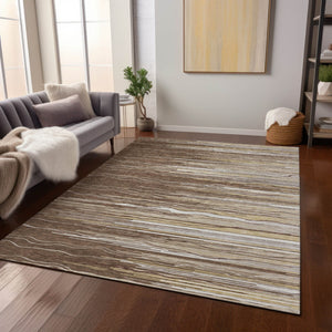 Homeroots 3' Striped Washable Area Rug - Stylish Brown, Beige & Ivory Design For Indoor And Outdoor Use 5' X 8' Polyester 597230