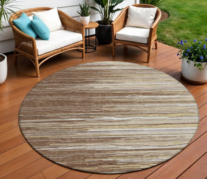 Homeroots 3' Striped Washable Area Rug - Stylish Brown, Beige & Ivory Design For Indoor And Outdoor Use 8' Round Polyester 597231
