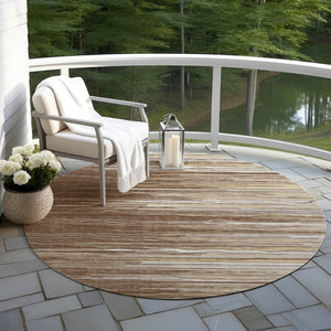 Homeroots 3' Striped Washable Area Rug - Stylish Brown, Beige & Ivory Design For Indoor And Outdoor Use 8' Round Polyester 597231