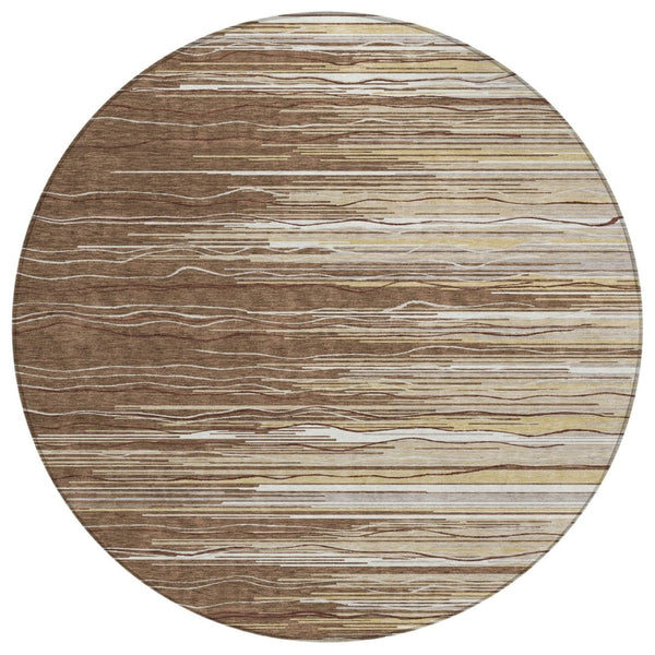 HomeRoots 5' Striped Washable Area Rug - Stylish Brown, Beige & Ivory Design for Indoor and Outdoor Spaces 8' Round 597231