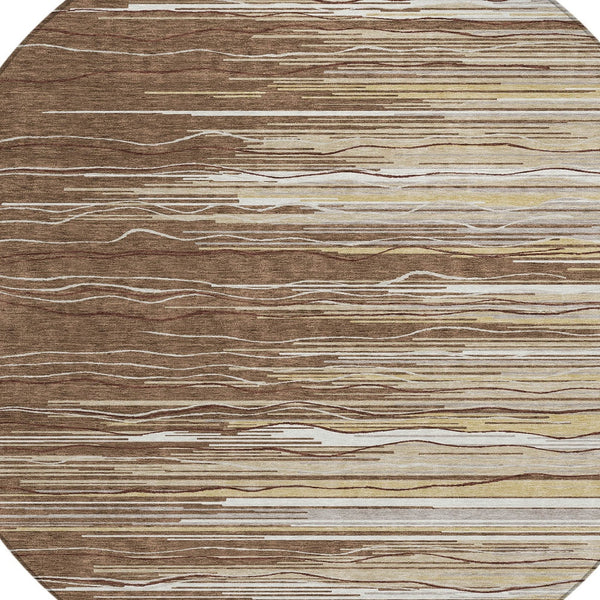 Homeroots 3' Striped Washable Area Rug - Stylish Brown, Beige & Ivory Design For Indoor And Outdoor Use 8' Round Polyester 597231