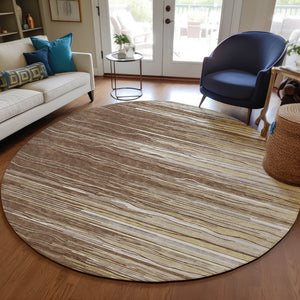 Homeroots 3' Striped Washable Area Rug - Stylish Brown, Beige & Ivory Design For Indoor And Outdoor Use 8' Round Polyester 597231