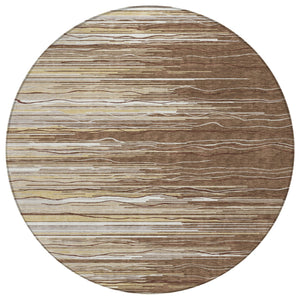 Homeroots 3' Striped Washable Area Rug - Stylish Brown, Beige & Ivory Design For Indoor And Outdoor Use 8' Round Polyester 597231