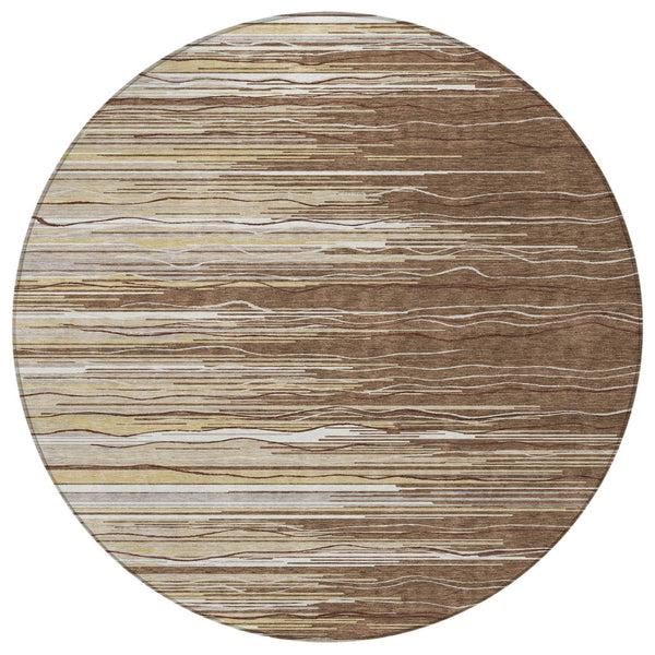 Homeroots 3' Striped Washable Area Rug - Stylish Brown, Beige & Ivory Design For Indoor And Outdoor Use 8' Round Polyester 597231
