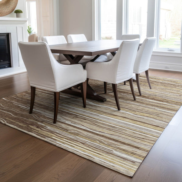 Homeroots 3' Striped Washable Area Rug - Stylish Brown, Beige & Ivory Design For Indoor And Outdoor Use 9' X 12' Polyester 597233