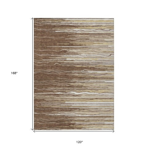Homeroots 3' Striped Washable Area Rug - Stylish Brown, Beige & Ivory Design For Indoor And Outdoor Use 10' X 14' Polyester 597234