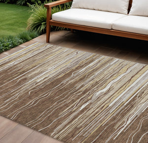 Homeroots 3' Striped Washable Area Rug - Stylish Brown, Beige & Ivory Design For Indoor And Outdoor Use 10' X 14' Polyester 597234