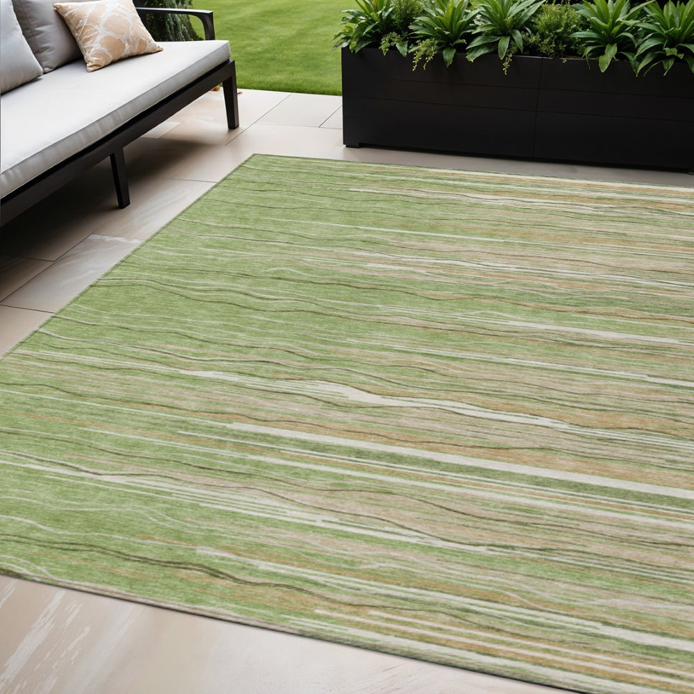 HomeRoots 5' Stylish Green Beige Ivory Striped Washable Indoor Outdoor Area Rug for Versatile Spaces 5' X 8' 597236