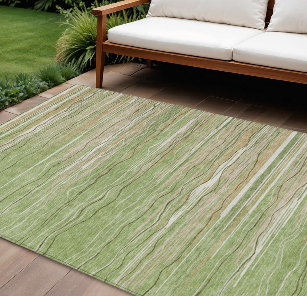 HomeRoots 9' X 12' Striped Indoor Outdoor Area Rug - Durable, Washable Green, Beige & Ivory Design for All Spaces 597239