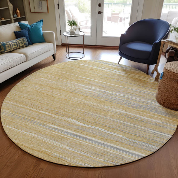 Homeroots 3' Striped Washable Area Rug - Stylish Brown, Beige & Ivory Design For Indoor And Outdoor Use 8' Round Polyester 597243