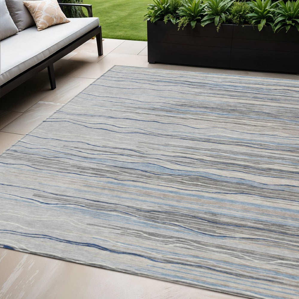 HomeRoots 5' Stylish Gray Silver and Blue Striped Area Rug - Durable, Washable for Indoor and Outdoor Use 5' X 8' 597248