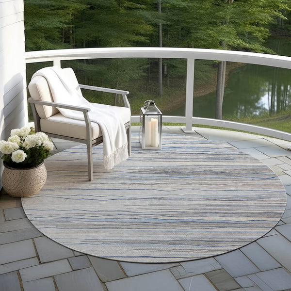 Homeroots 3' Striped Washable Area Rug - Stylish Brown, Beige & Ivory Design For Indoor And Outdoor Use 8' Round Polyester 597249