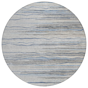 HomeRoots 5' Stylish Gray Silver and Blue Striped Area Rug - Durable, Washable for Indoor and Outdoor Use 8' Round 597249