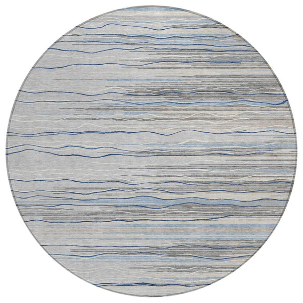 HomeRoots 5' Stylish Gray Silver and Blue Striped Area Rug - Durable, Washable for Indoor and Outdoor Use 8' Round 597249