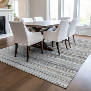 Homeroots 3' Striped Washable Area Rug - Stylish Brown, Beige & Ivory Design For Indoor And Outdoor Use 8' X 10' Polyester 597250