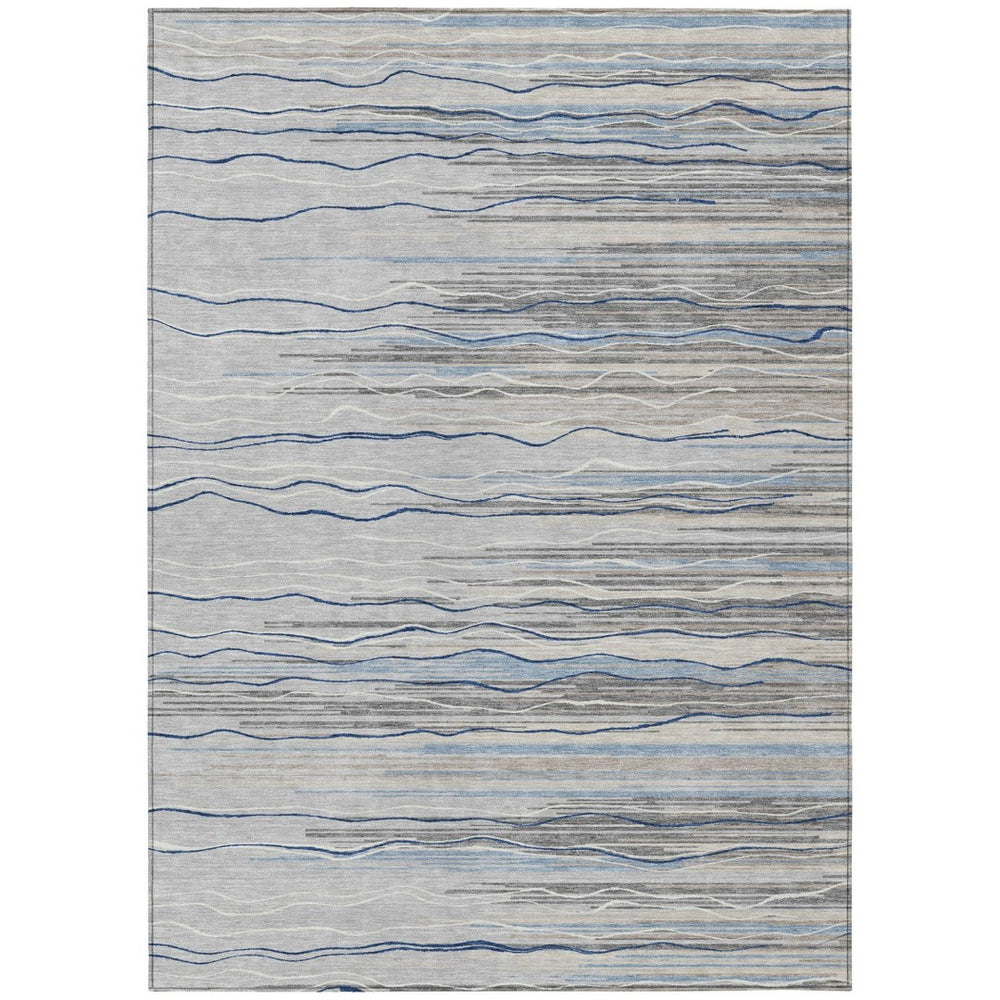 HomeRoots 9' X 12' Stylish Gray Silver and Blue Striped Washable Area Rug for Indoor and Outdoor Spaces 597251