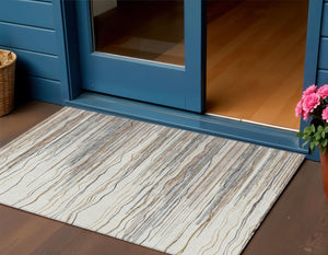 Homeroots 3' Striped Washable Area Rug - Stylish Brown, Beige & Ivory Design For Indoor And Outdoor Use 3' X 5' Polyester 597253