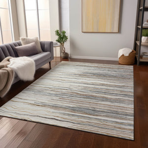 Homeroots 3' Striped Washable Area Rug - Stylish Brown, Beige & Ivory Design For Indoor And Outdoor Use 3' X 5' Polyester 597253