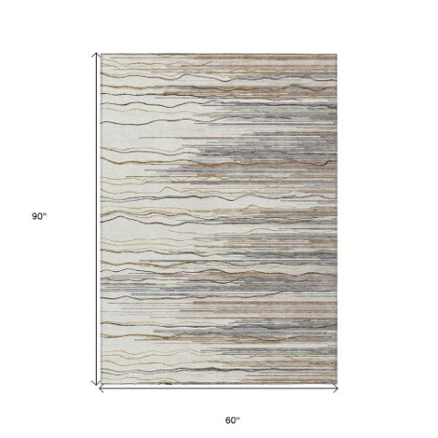 Homeroots 3' Striped Washable Area Rug - Stylish Brown, Beige & Ivory Design For Indoor And Outdoor Use 5' X 8' Polyester 597254