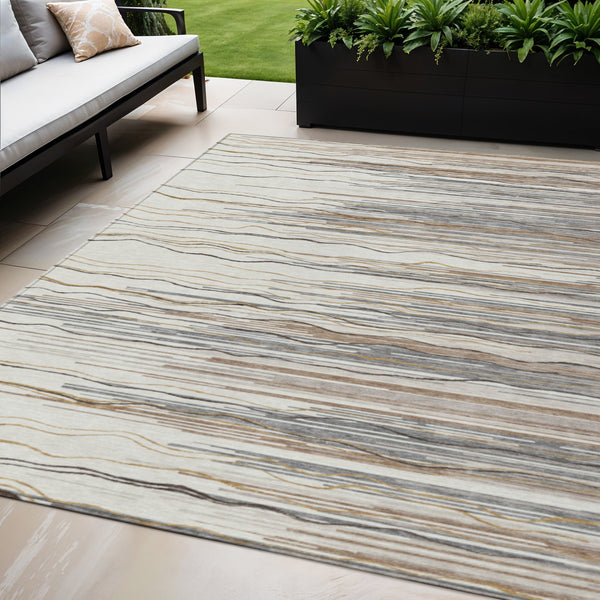 Homeroots 3' Striped Washable Area Rug - Stylish Brown, Beige & Ivory Design For Indoor And Outdoor Use 5' X 8' Polyester 597254