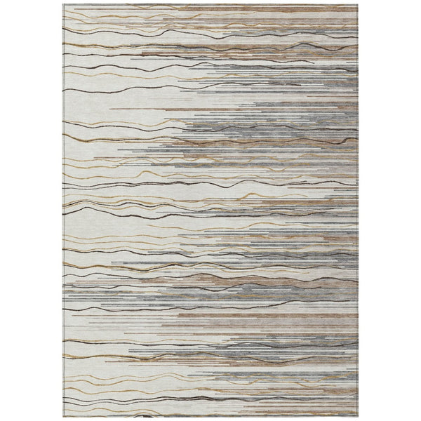 HomeRoots 5' Stylish Ivory, Brown & Gray Striped Washable Area Rug - Perfect for Indoor & Outdoor Spaces 5' X 8' 597254